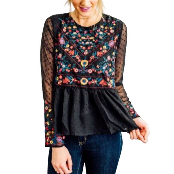 Zara Tops - Zara Sheer Embroidered Floral German Ruffle Blouse Size XS